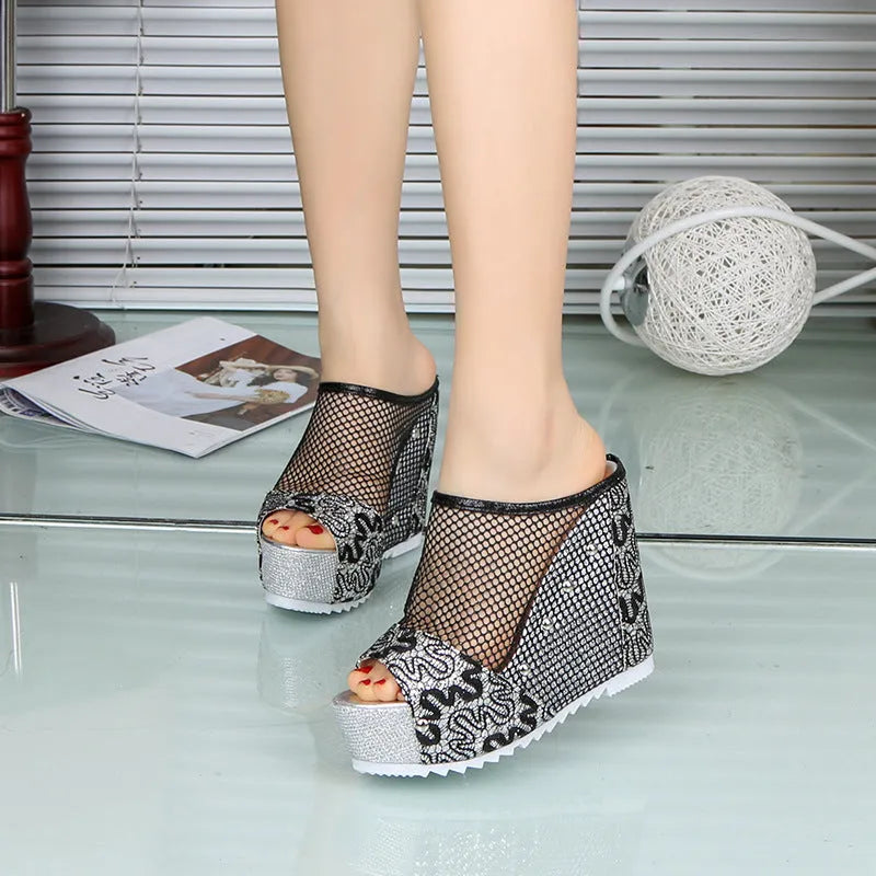 Korean platform lace-up sandals with hollowed-out heel and waterproof chunky heel in black colour