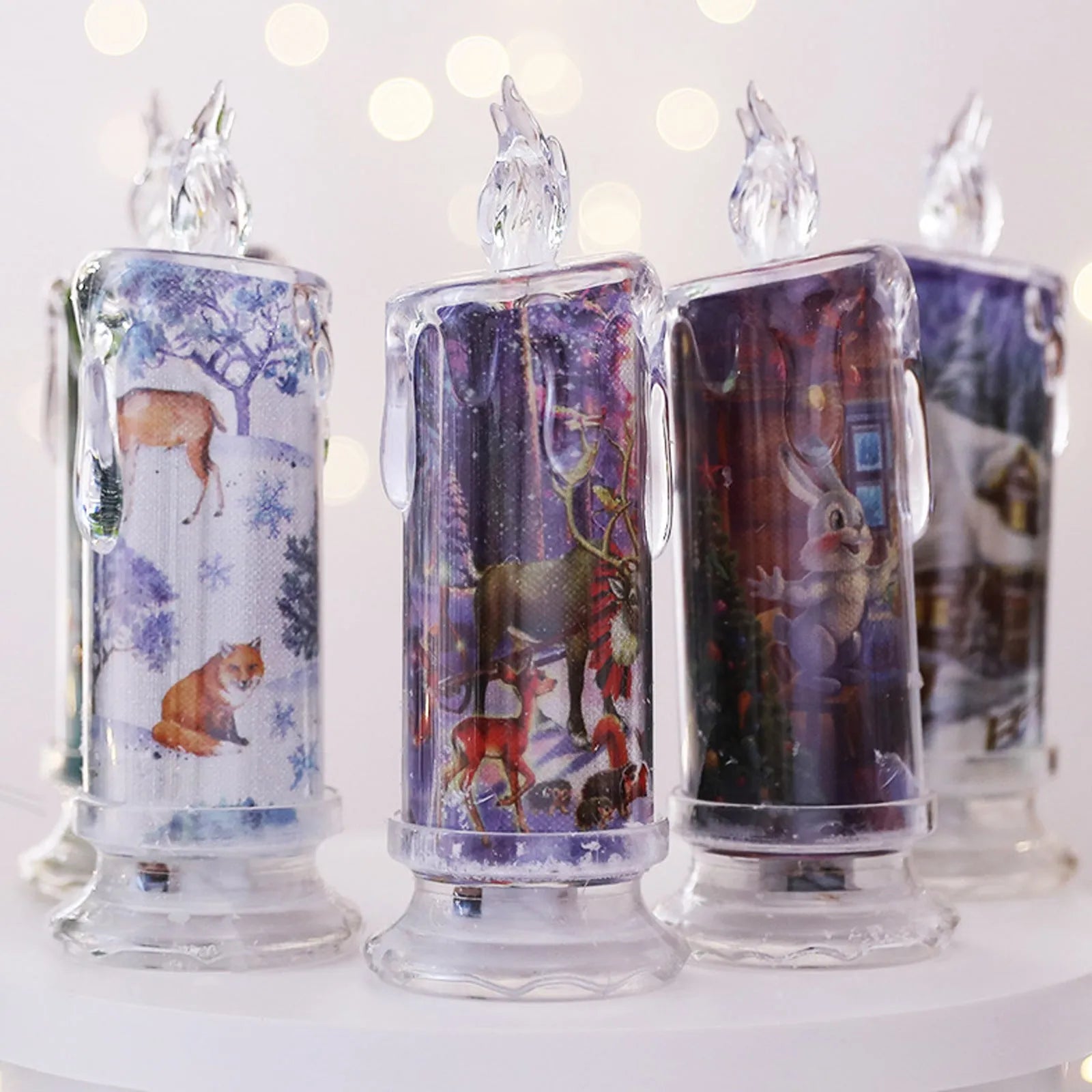 Christmas transparent plastic electronic candle with LED glow, 18cm tall, style options include house, snowman, and bear