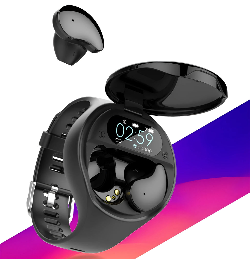 Black detachable smart bracelet and Bluetooth headset combo on a wrist