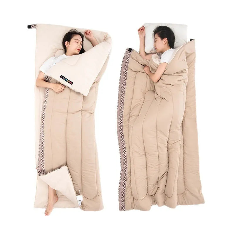 Four Seasons universal portable outdoor camping sleeping bag in swamp colour, shown with storage bag