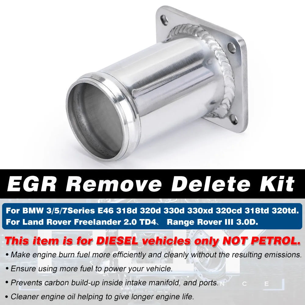 BMW E46 diesel EGR delete kit showing removal tube, blanking plates, vacuum plug, bolts, washers, and cable ties