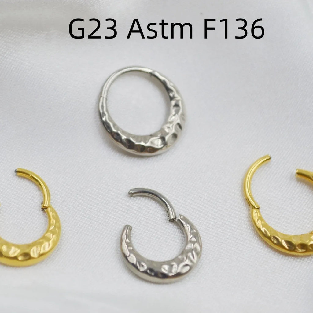 Titanium alloy concave-convex nose ring with carving detail in gold or silver colour, 1.2mm diameter