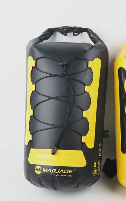Yellow and black waterproof PVC backpack with dry wet separation compartments and 20 litre capacity for outdoor water sports