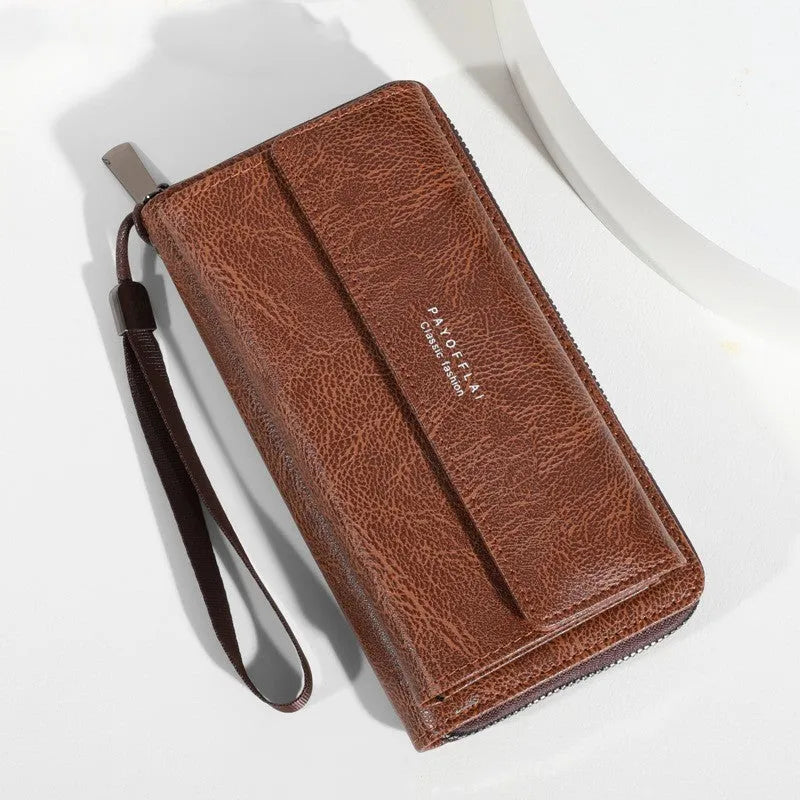 Men's black PU leather wallet showing multiple card slots, displayed next to a brown and coffee coloured version.