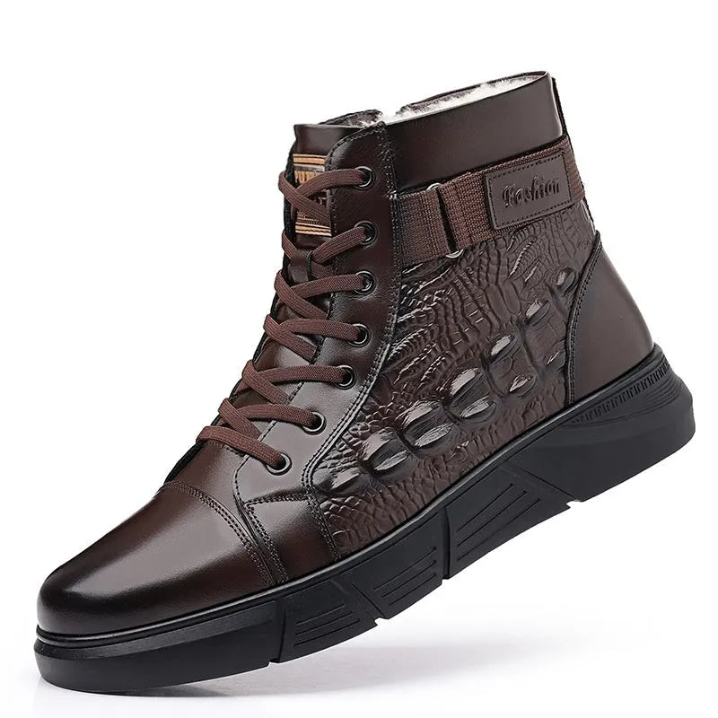 Men's genuine leather snow boots with fur lining, round toe design, and front lace-up closure in black or brown with velvet detailing