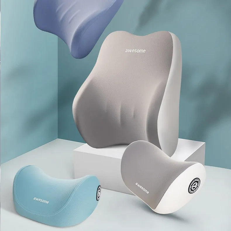 Car headrest lumbar support pillow with memory foam and three-bar waist support in multiple colour options