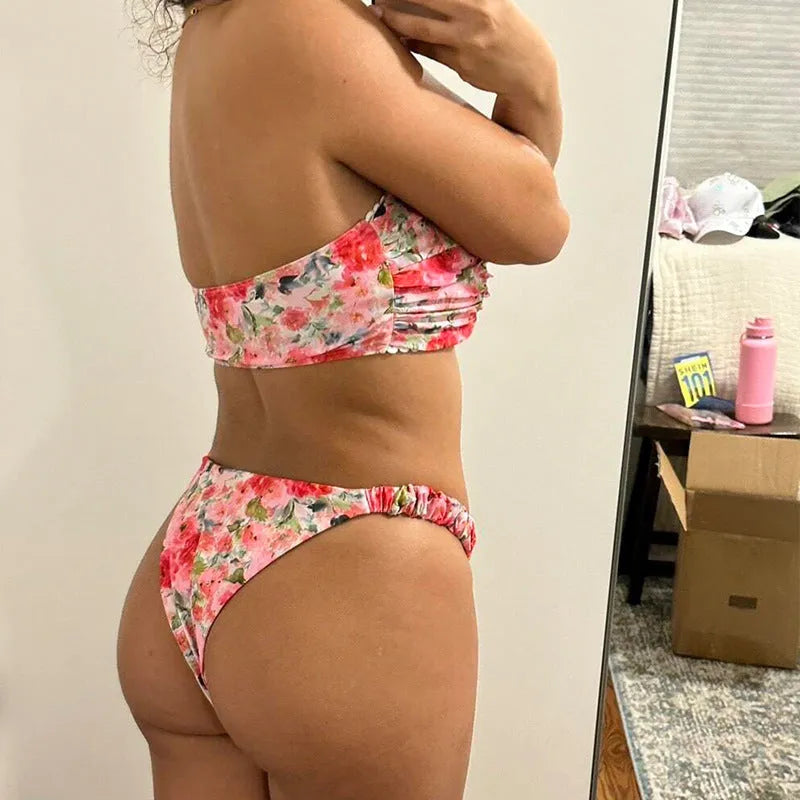 European American floral print swimwear bikini set with tube top and briefs in blue colour