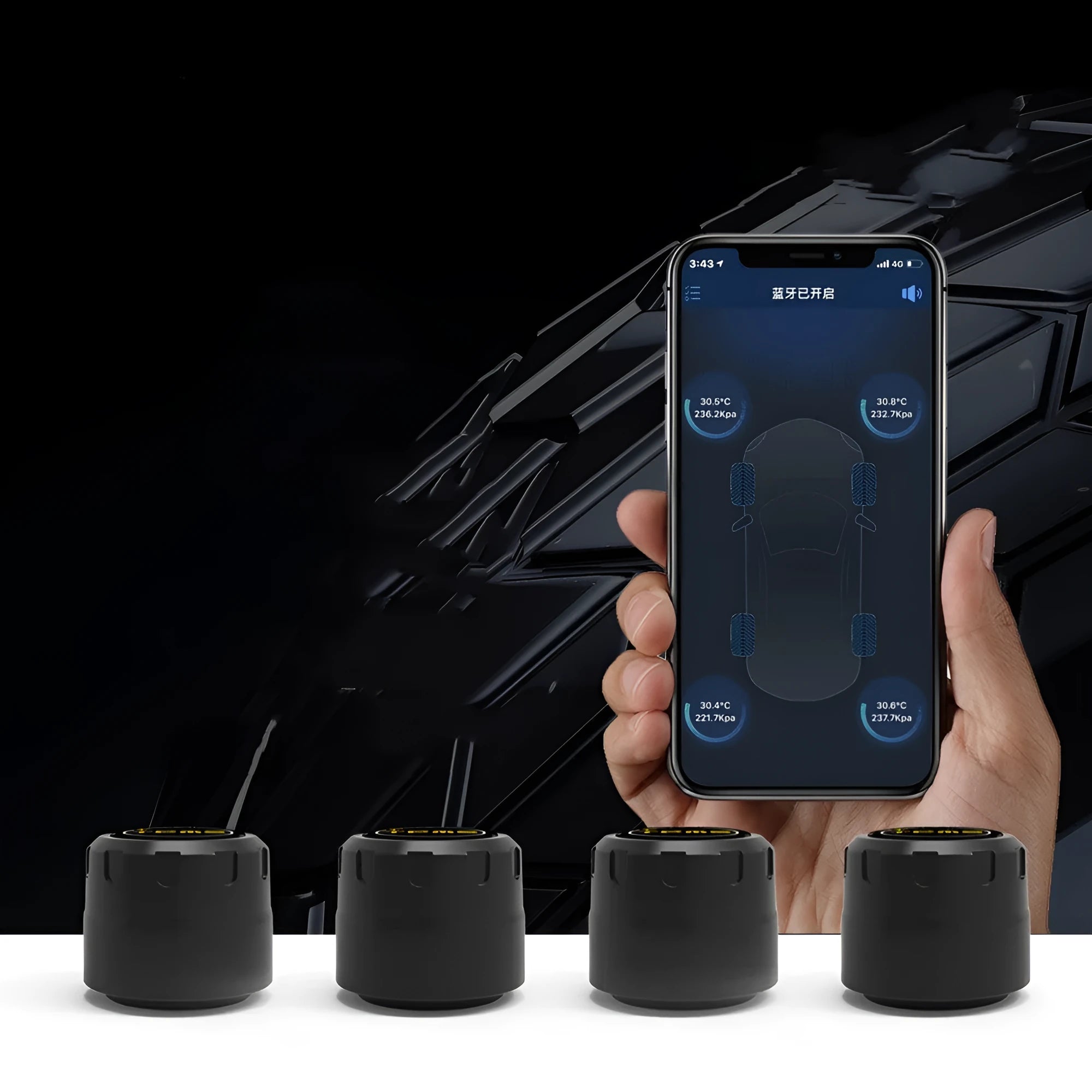 Bluetooth 5.0 automotive tyre pressure monitoring system with four black external sensors