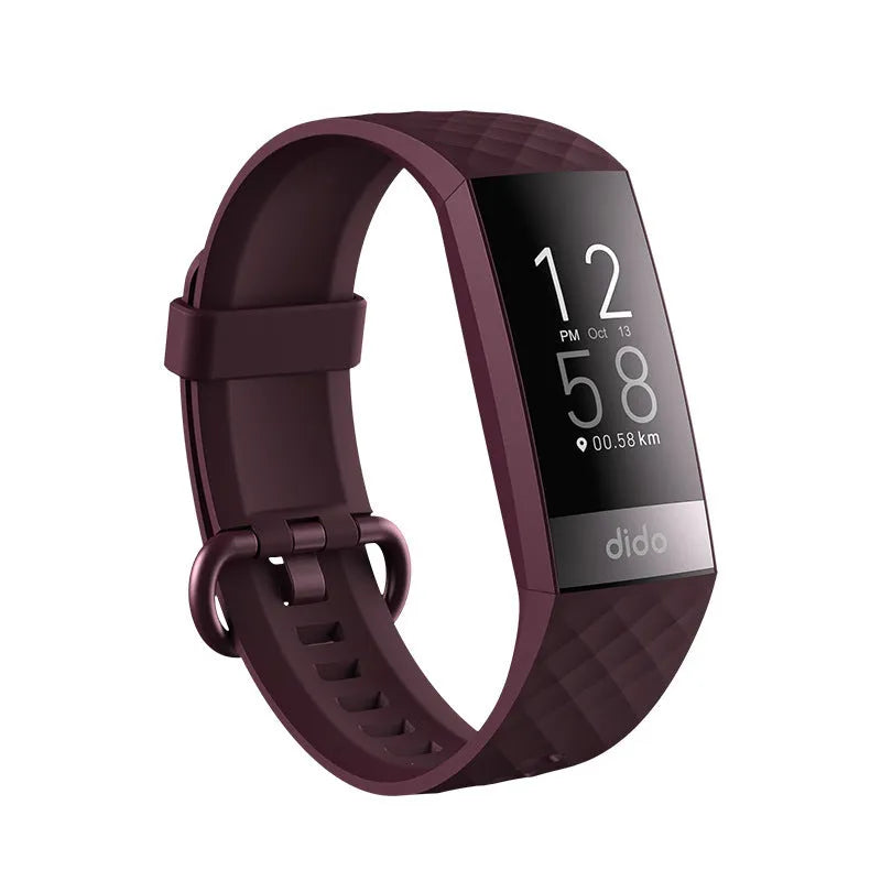 Black smart health bracelet with 1.1-inch screen displaying ECG graph, blood pressure, and heart rate readings on wrist.