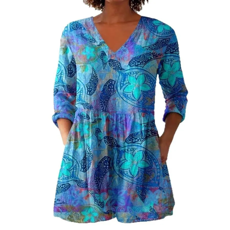 Women's slim fit retro patterned long-sleeved top in a polyester fabric, shown in one of twelve available colourways.