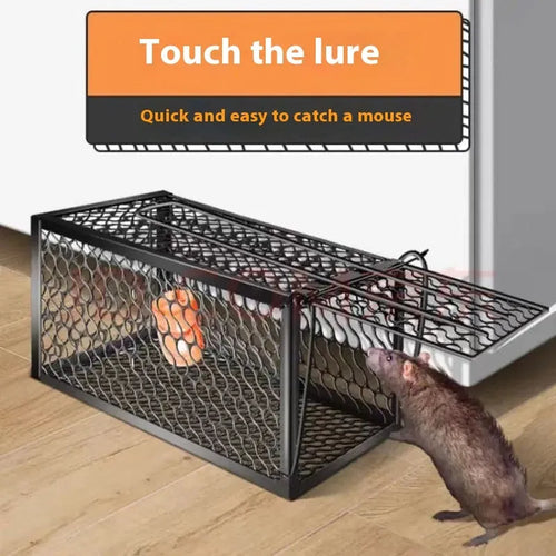 Automatic mouse trap cage and metal clamp rat trap shown in small, medium, and large size options.