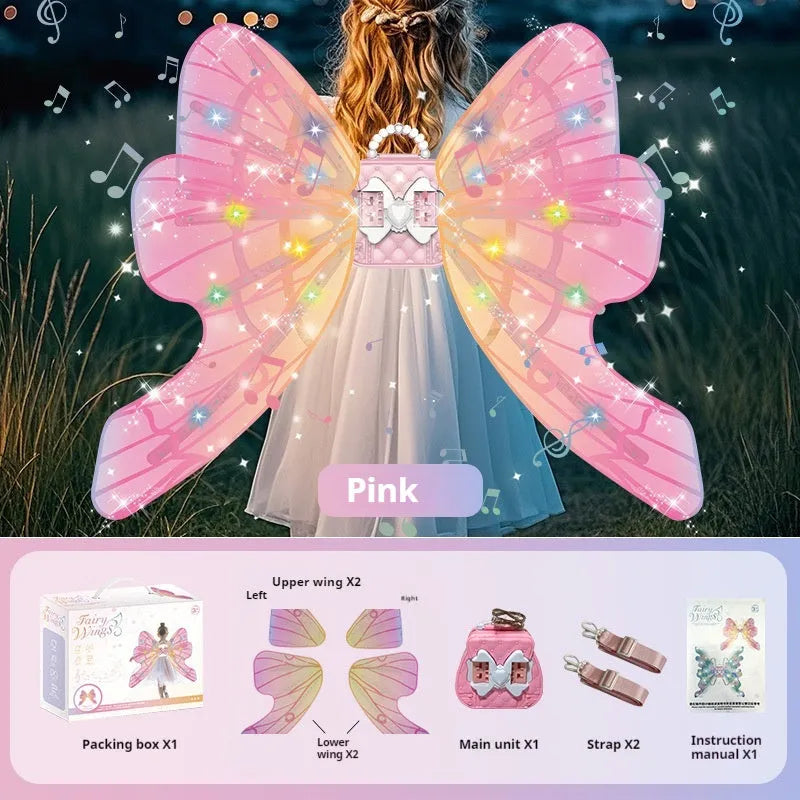 Children's electric butterfly glowing wing toy in pink backpack style with fan sound for girls aged 4-6