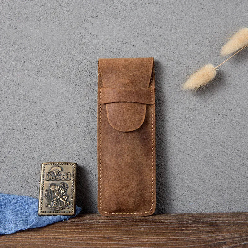 Square vintage pencil case made from Crazy Horse leather measuring 16cm by 6cm