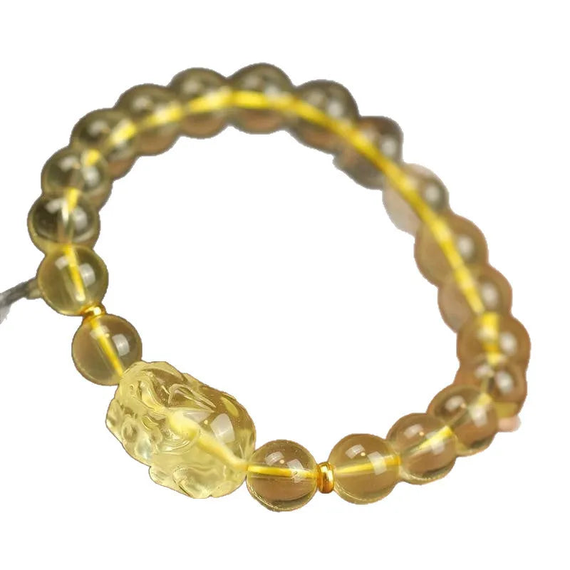 Yellow leather bracelet with artificial crystal beads and Pi Xiu charm in Chinese national style