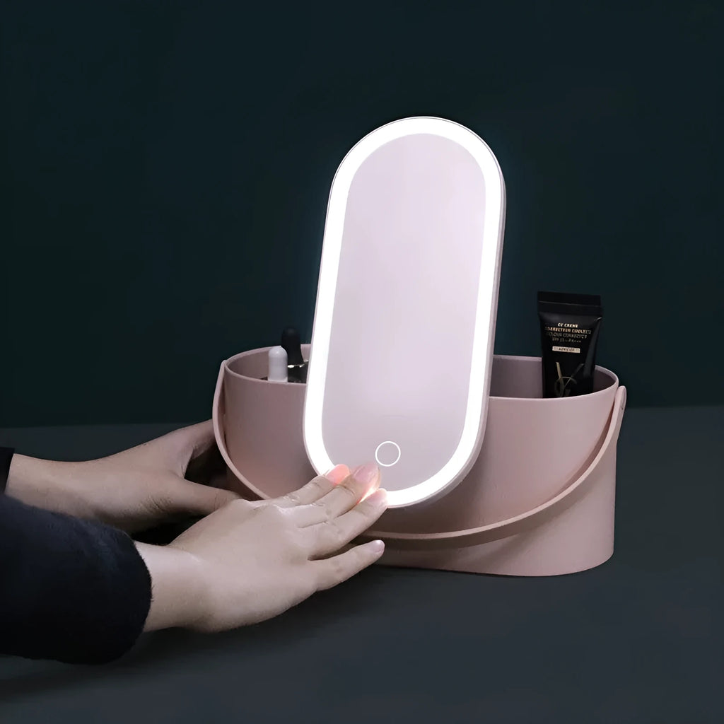 Portable aluminium mirror with plastic storage box in pink or white colour