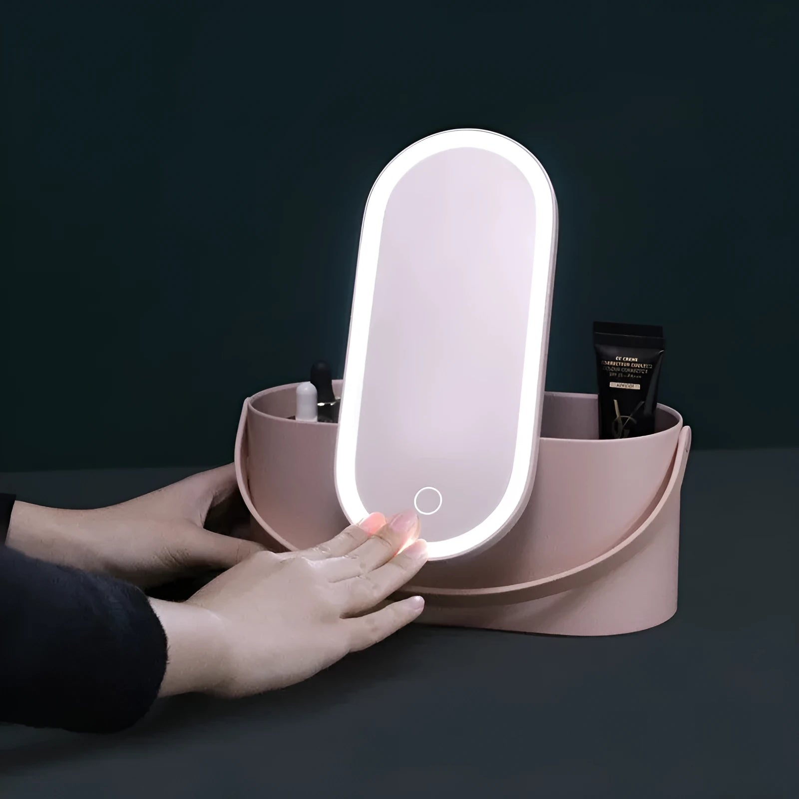 Portable aluminium mirror with plastic storage box in pink or white colour