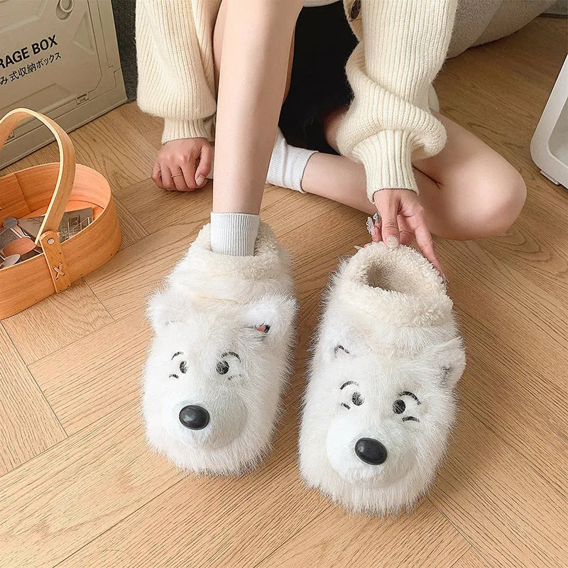 Grey and white plush ankle wrap cotton slippers with insulated artificial wool lining.