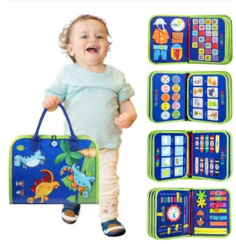Felt busy board 28x44cm chemical fibre with attached puzzle pieces, blue and green dinosaur design