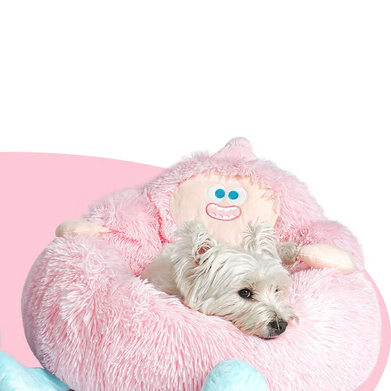 Grey plush circular pet nest bed with high walls for cats and dogs