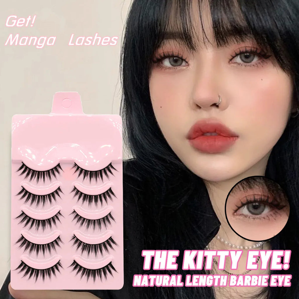 Manga cosplay false eyelashes in natural wispy styles 007, 008, and 009 with black plastic terriers