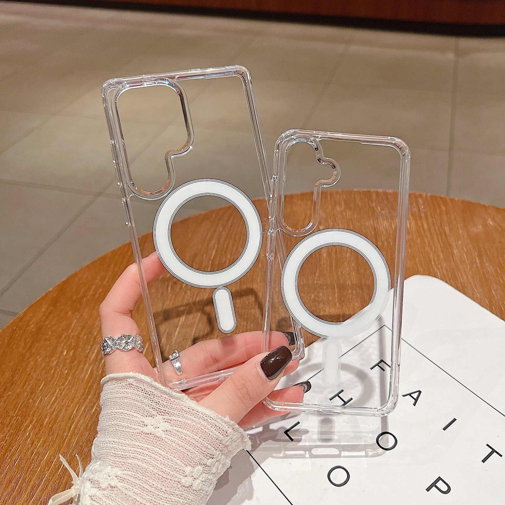 Transparent magnetic silicone phone case for Samsung Galaxy smartphones showing clear protective design