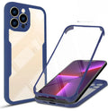 TPU full front and back protective case for iPhone in multiple colours including black, blue, red, pink, green, and purple.