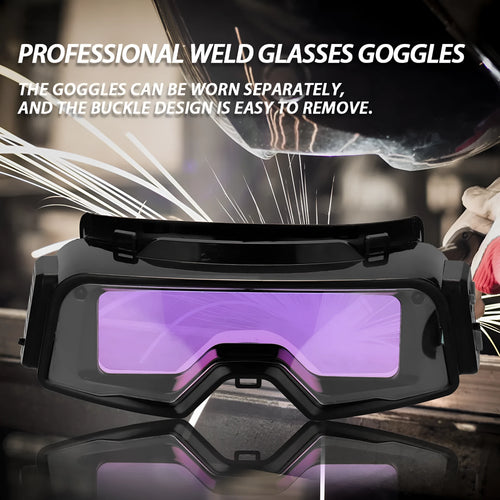 Black automatic darkening welding mask glasses showing large rectangular viewing lens.