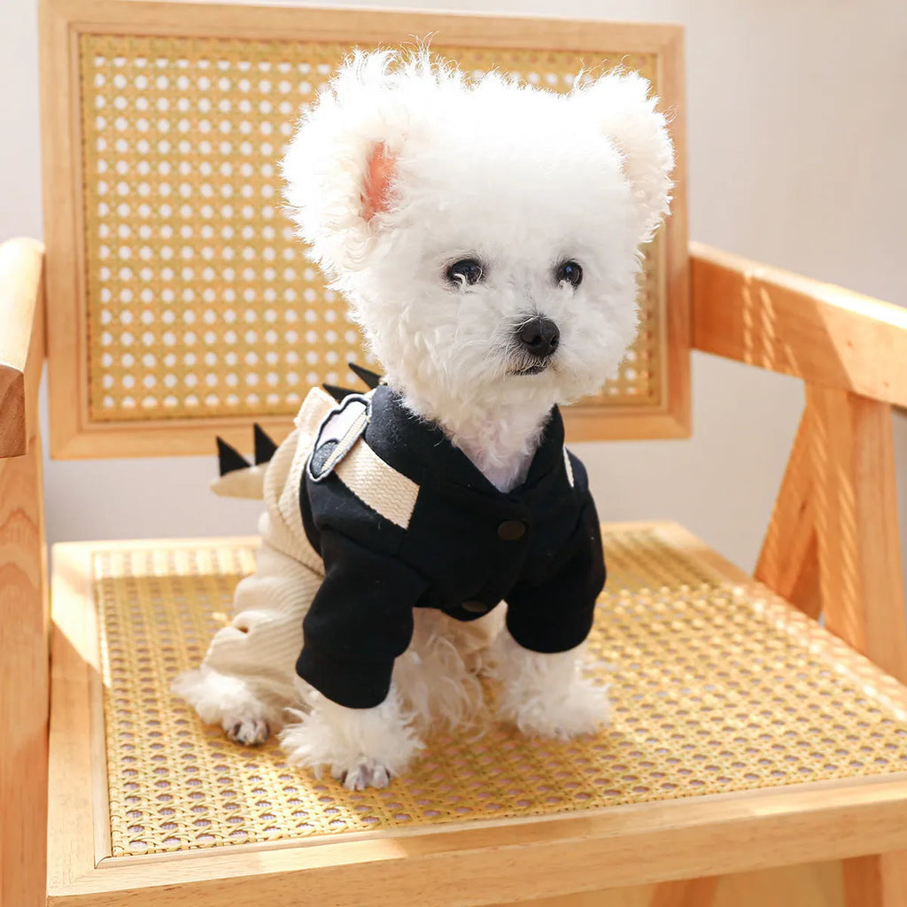 Khaki polyester dog clothing with suspender trousers and skirt, four-legged design, sizes XS to XL