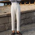 Men's slim fit suit pants in polyester blend fabric available in apricot, black and white colours