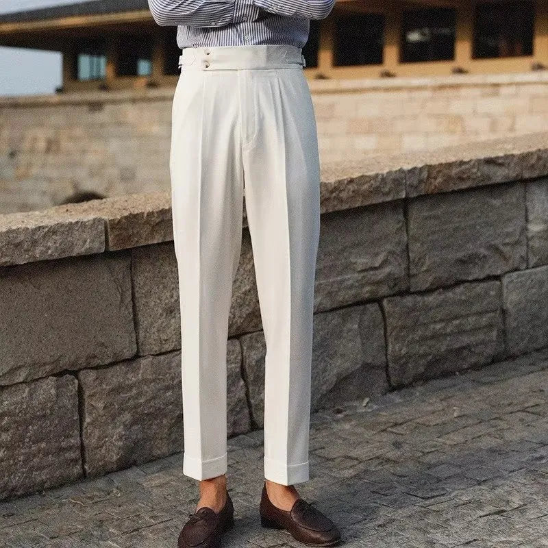 Men's slim fit suit pants in polyester blend fabric available in apricot, black and white colours