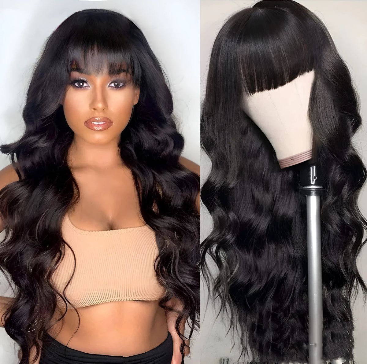 Body wave full machine made non-lace human hair wig for women, available in 12 to 30 inch lengths