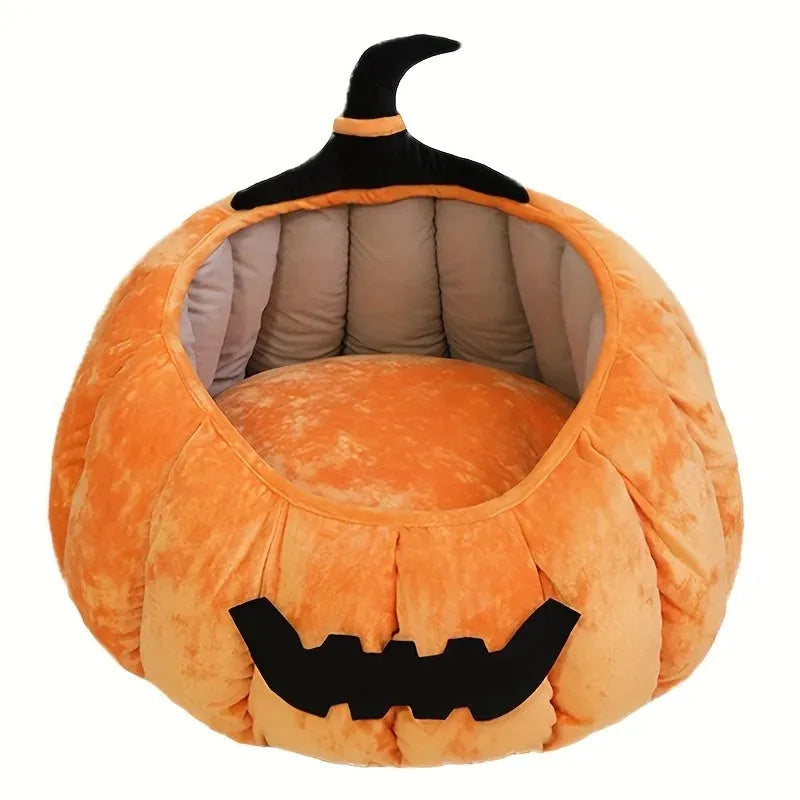 Halloween themed cat bed with cartoon pumpkin and devil design in soft plush fabric