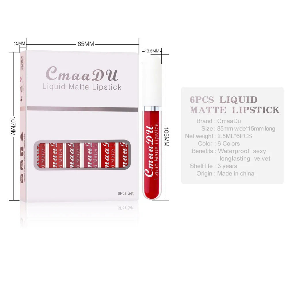 Six boxes of matte waterproof lip gloss with non-stick formula in compact packaging