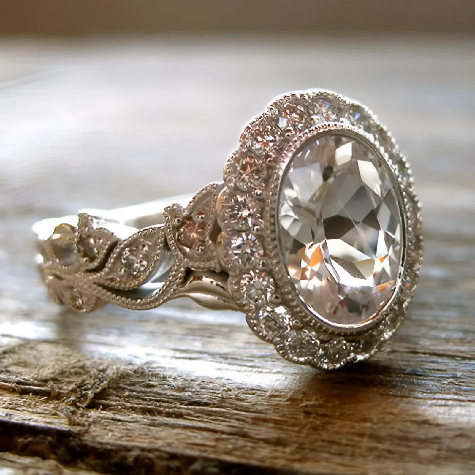 Geometry style ring with round zircon stone and diamond plating in white gold colour