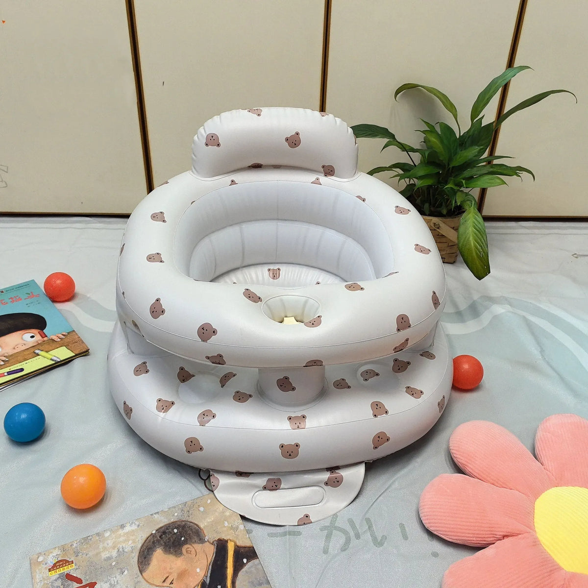 Inflatable baby dining chair and infant sofa in PVC, shown in Bear Base, Dinosaur Planet, or Love Rabbit design option