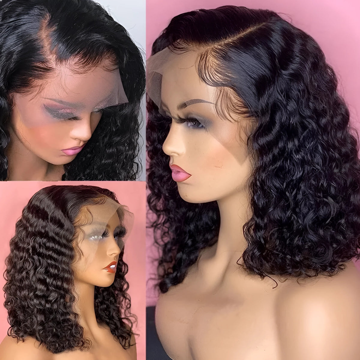 Black front lace small curly wig with long bangs, T-shaped lace 73, 8 to 16 inch lengths