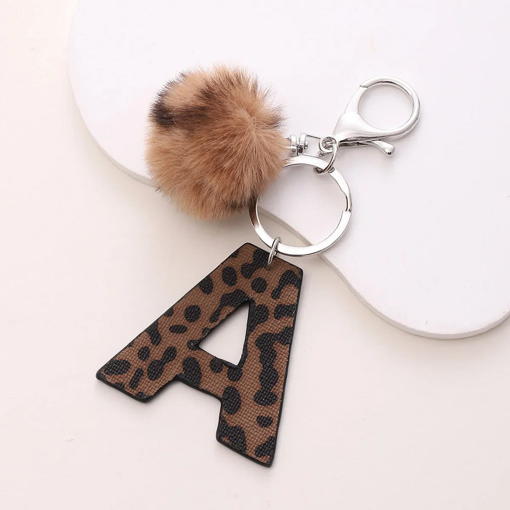 Retro leopard-print oil-edged letter acrylic keychain on artificial leather strap with metal keyring