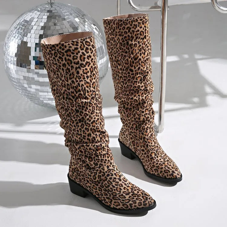 Brown women's ankle boots with leopard print, square toe, and a chunky block heel.