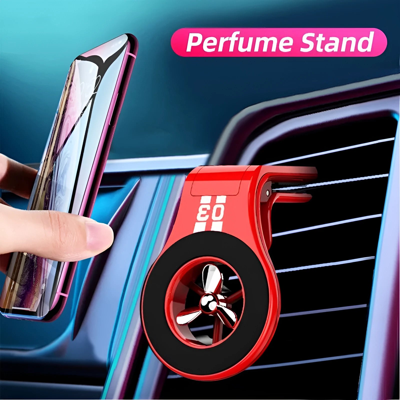 Black magnetic car phone holder mounted on a car air vent, showing 360-degree rotation and fragrance slot.