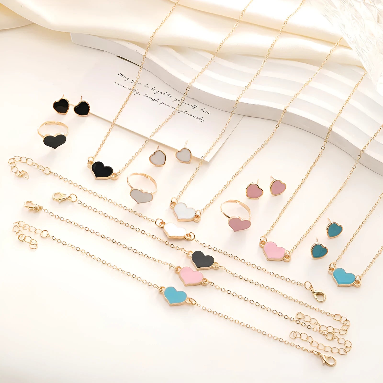 Heart love jewellery set for women alloy electroplated necklace 51cm bracelet 23cm ring earrings