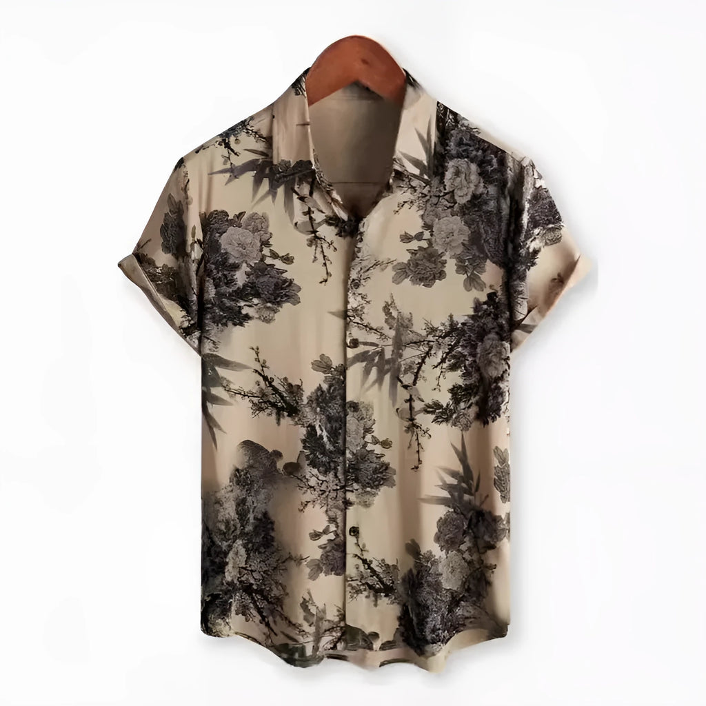 Short sleeve Hawaiian floral print shirt with lapel, shown in a vibrant colour on a model.