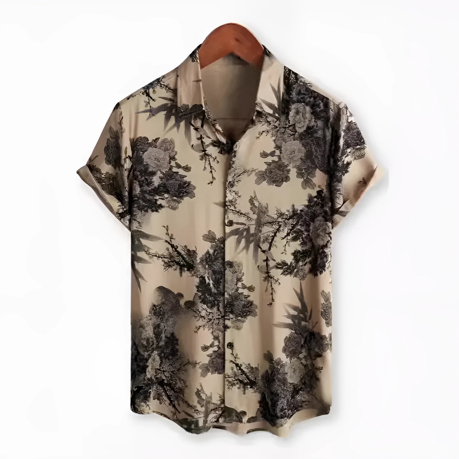 Short sleeve Hawaiian floral print shirt with lapel, shown in a vibrant colour on a model.