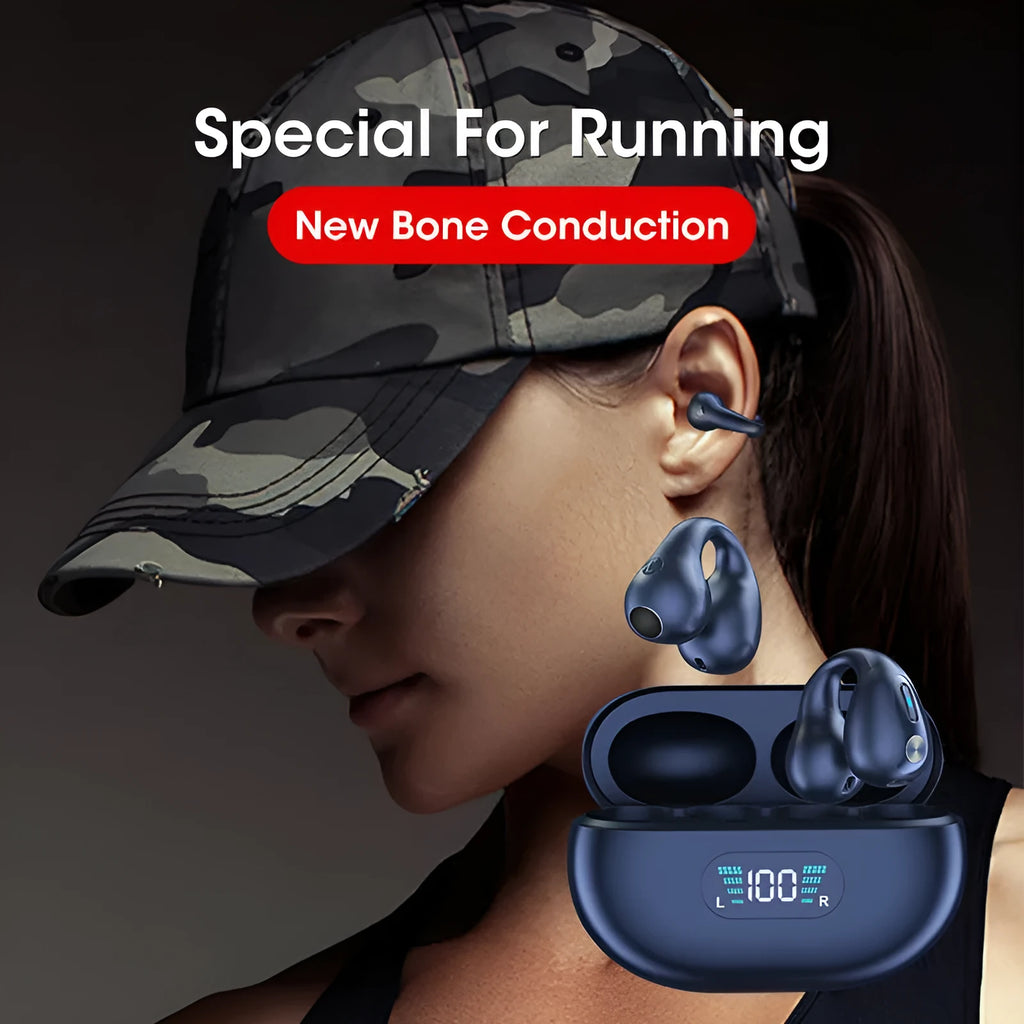 Bone conduction Bluetooth headset clip in ear clip design showing black, white, and khaki colour options