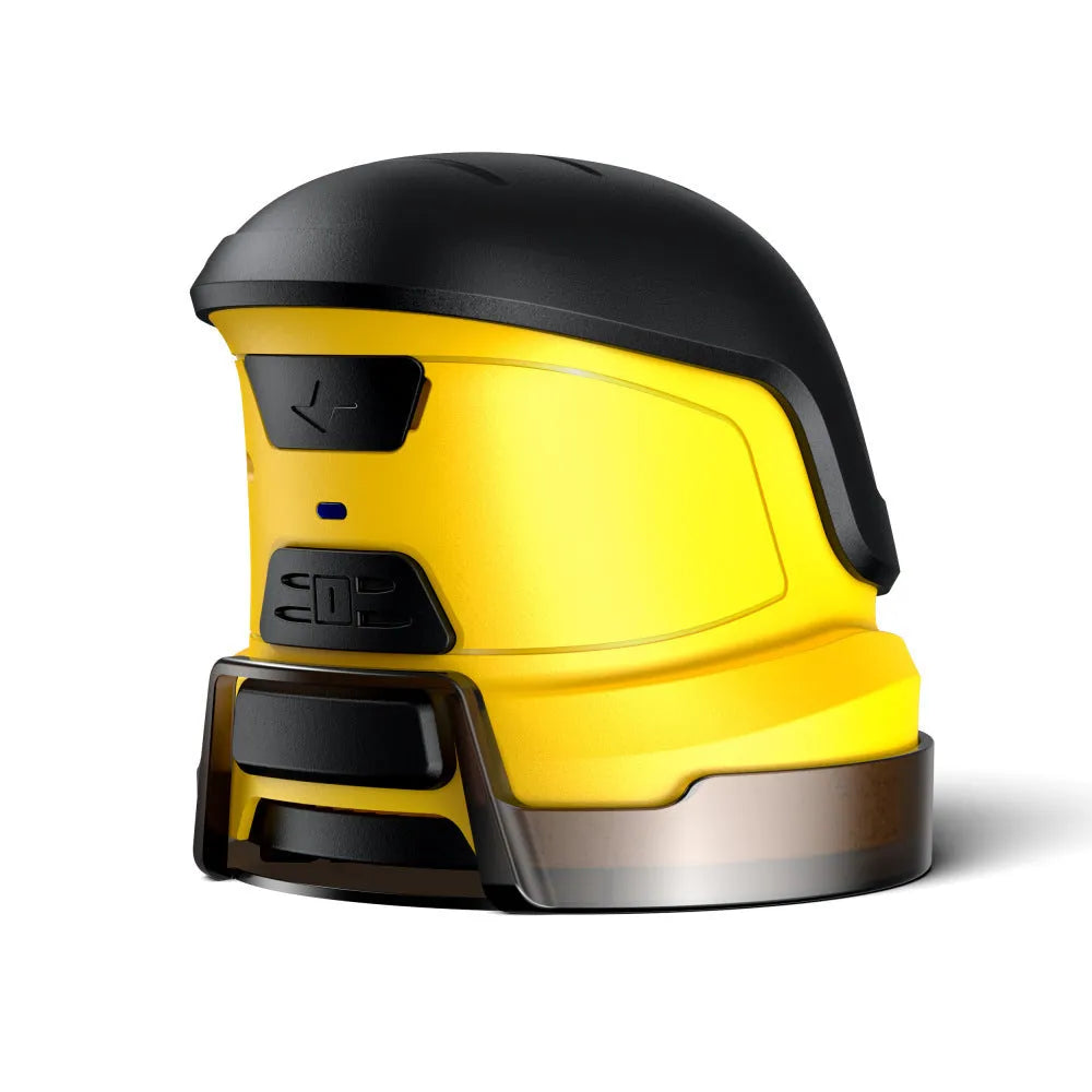 Yellow cordless electric ice scraper with funnel-shaped head next to a USB charging cable.