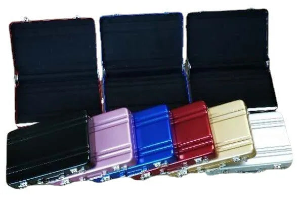 Slim aluminium alloy metal card holder in multiple colours showing compact size