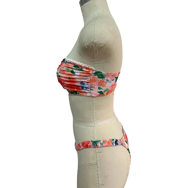 European American floral print swimwear bikini set with tube top and briefs in blue colour