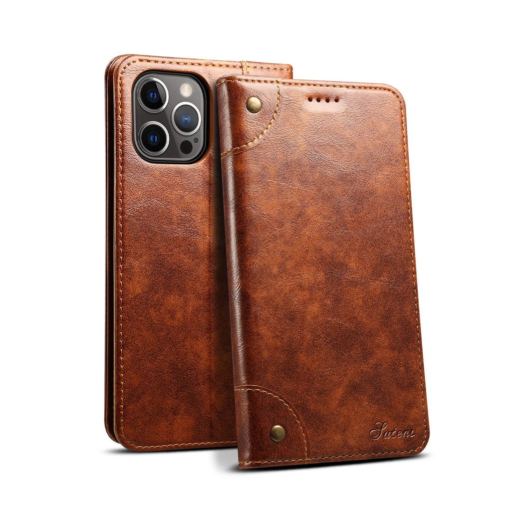 Flip magnetic card holster phone case in black, handmade PU TPU, with bracket, for iPhone 13