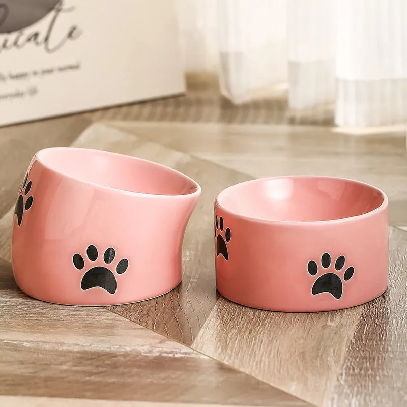 Ceramic cat bowl with high-footed design showing cat's paw decoration pattern in selected colour
