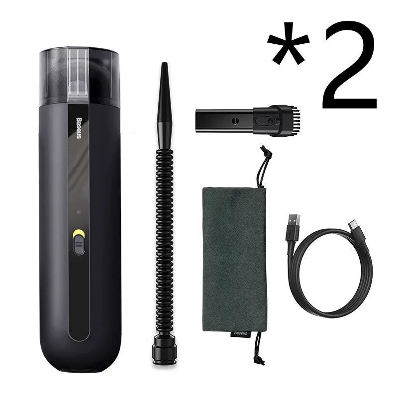 Baseus handheld car vacuum cleaner in black, white, or green next to a dust bin and blowing hose.