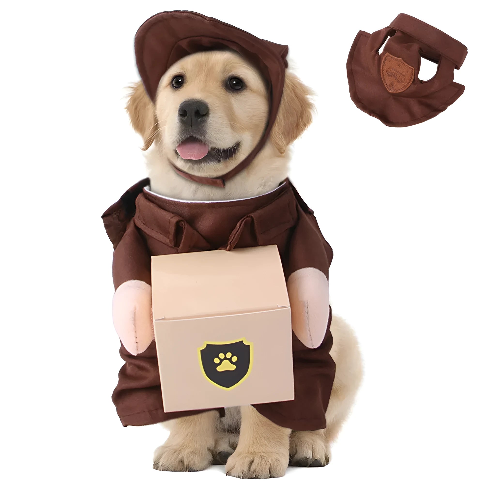 Coffee coloured courier costume for a dog or cat on a hanger